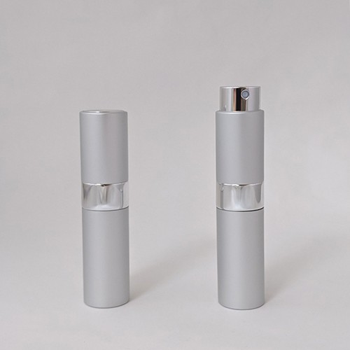Matte silver color retractable 8ml perfume atomizer with shiny middle ring custom logo printing travel size perfume bottle
