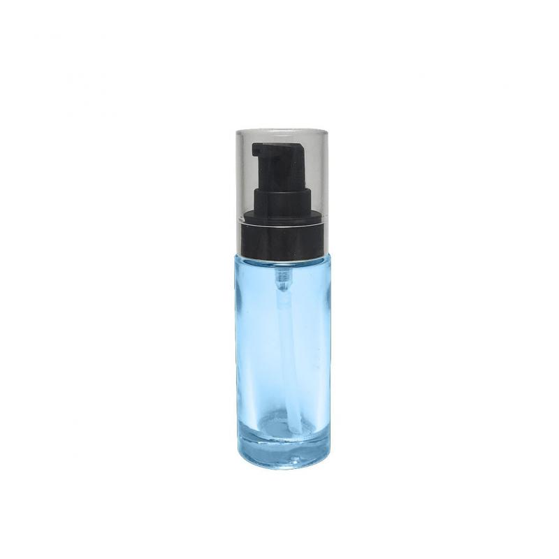 Custom blue color semi transparent glass bottle empty 35ml cylinder shape customization logo printing with black lotion treatment pump