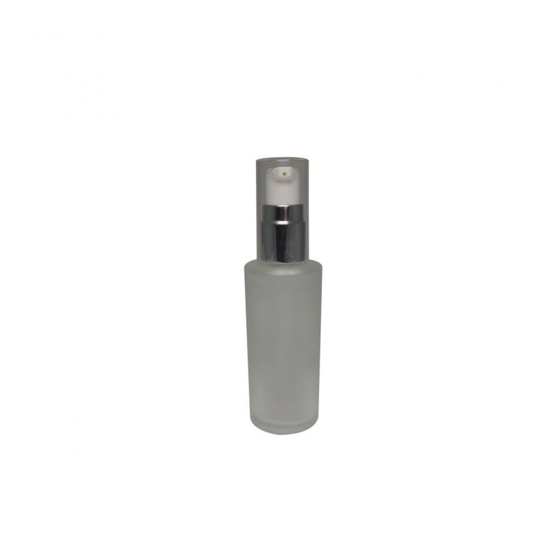 Medium size skincare cosmetic packaging empty 50ml cylinder shape glass bottle matte finish with cream/lotion pump and oversize cap