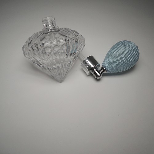 Fancy design 35ml capacity diamond shape semi transparent glass bottle with liquid bulb atomizer for fragrance packaging